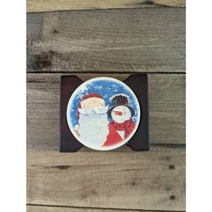 Set of four Stoneware Christmas Snowman & Santa Coasters with wooden holder